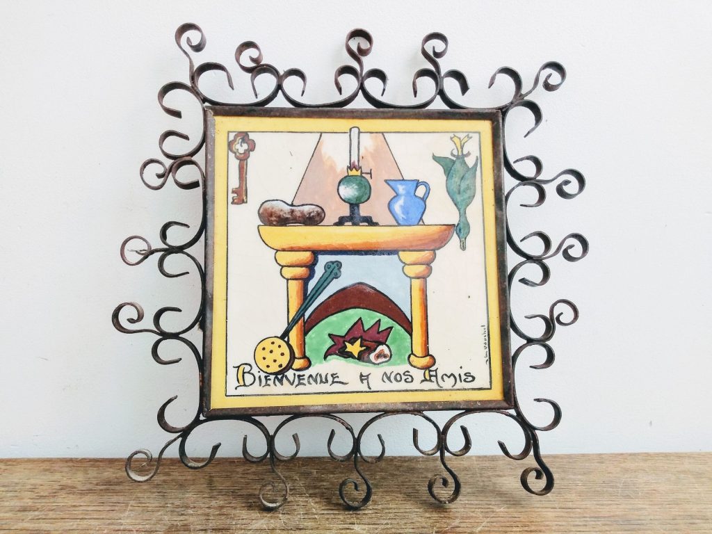 Vintage French Rousies Old Painted Framed Tile Homely Welcome Wall Art Hanging Feature Decoration Decor c1930-50’s
