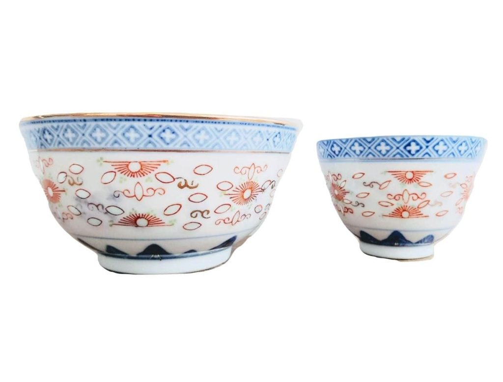 Vintage Chinese Blue White Tea Cup Bowl Rice Dish Drinking Eating Lattice Transparant Design display gift circa 1960-70’s