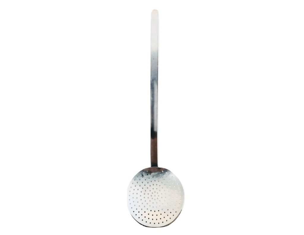 Vintage French Heavy Large Stainless Steel Commercial Kitchen Sieve Serving Ladle Kitchen Tool Hanging Metal circa 1980-90’s 2