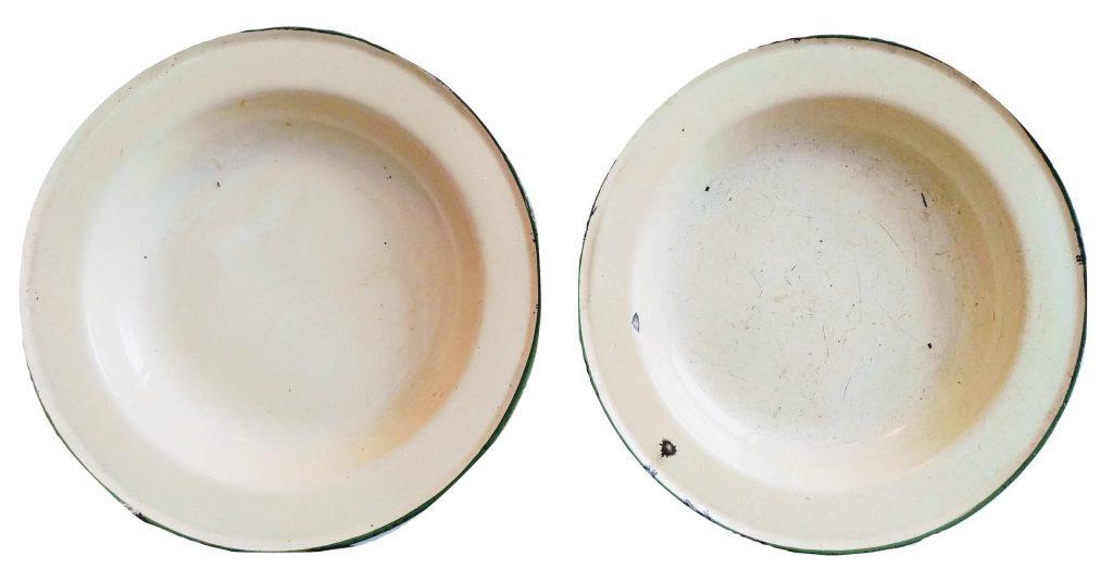 Vintage French Yellow Green Worn Enamel Small Metal Pair Of Plate Plates Serving Bowl Dish Pot Kitchen Display circa 1950’s
