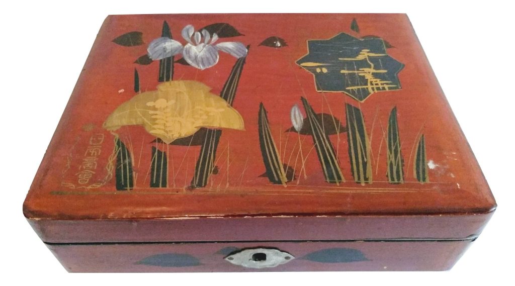 Vintage Japanese Wood Wooden Enamel Painted Flower Reeds Jewelry Jewellery Catch All Storage Box circa 1950-60’s