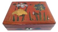 Vintage Japanese Wood Wooden Enamel Painted Flower Reeds Jewelry Jewellery Catch All Storage Box circa 1950-60's