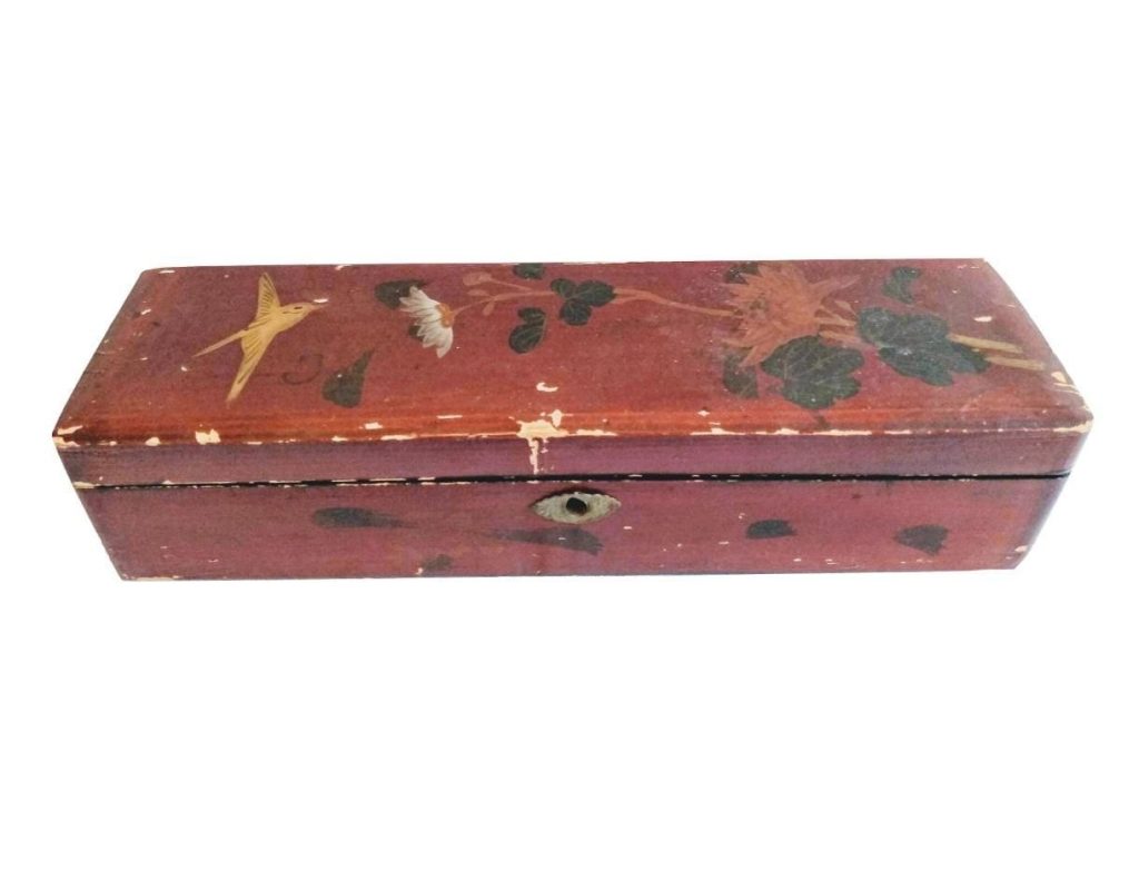 Vintage Japanese Wood Wooden Enamel Painted Flower Bird Jewelry Jewellery Catch All Storage Box circa 1950-60’s 3