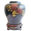 Antique Chinese Black Cricket and Plums Decorated Wooden Laquer Pot Vase Container Decor Centrepiece Display Asian c1900's
