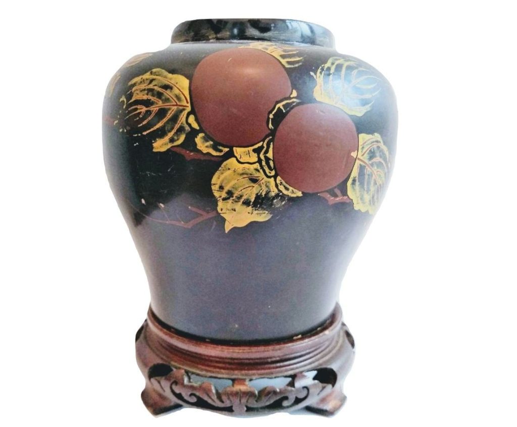 Antique Chinese Black Cricket and Plums Decorated Wooden Laquer Pot Vase Container Decor Centrepiece Display Asian c1900’s