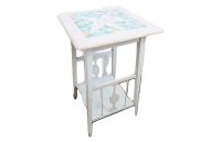Vintage French White Painted Wooden Wood Shabby Chic Side Small Table Stand Display Green Tiled Top Home Made circa 1970's