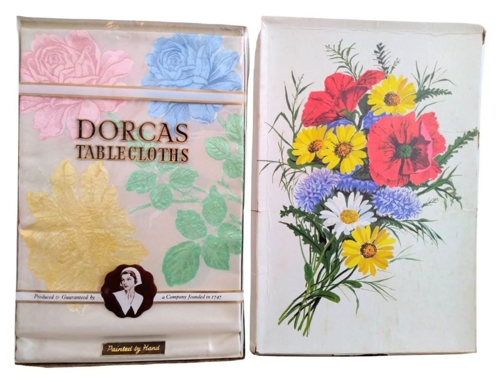 Vintage English Dorcas Upton Ashley Hand Painted Ivory Tablecloth Table Cloth Boxed & Wrapped circa 1960’s 3