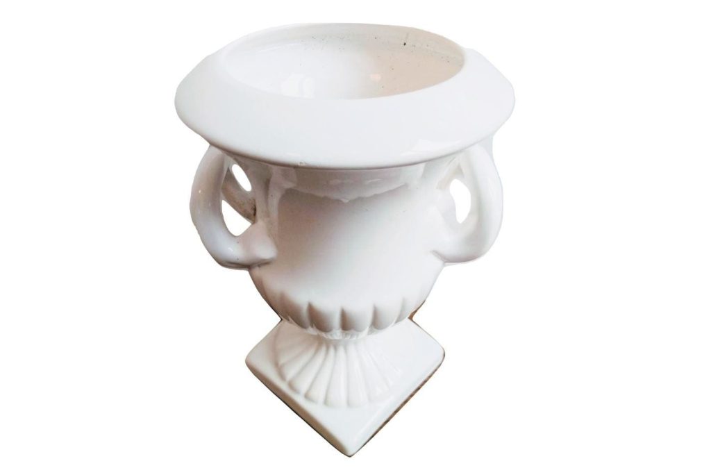 Vintage French White Small Ceramic Trophy Cup Handled Planter Pot Vase Urn Pair plant storage display circa 1980-90’s