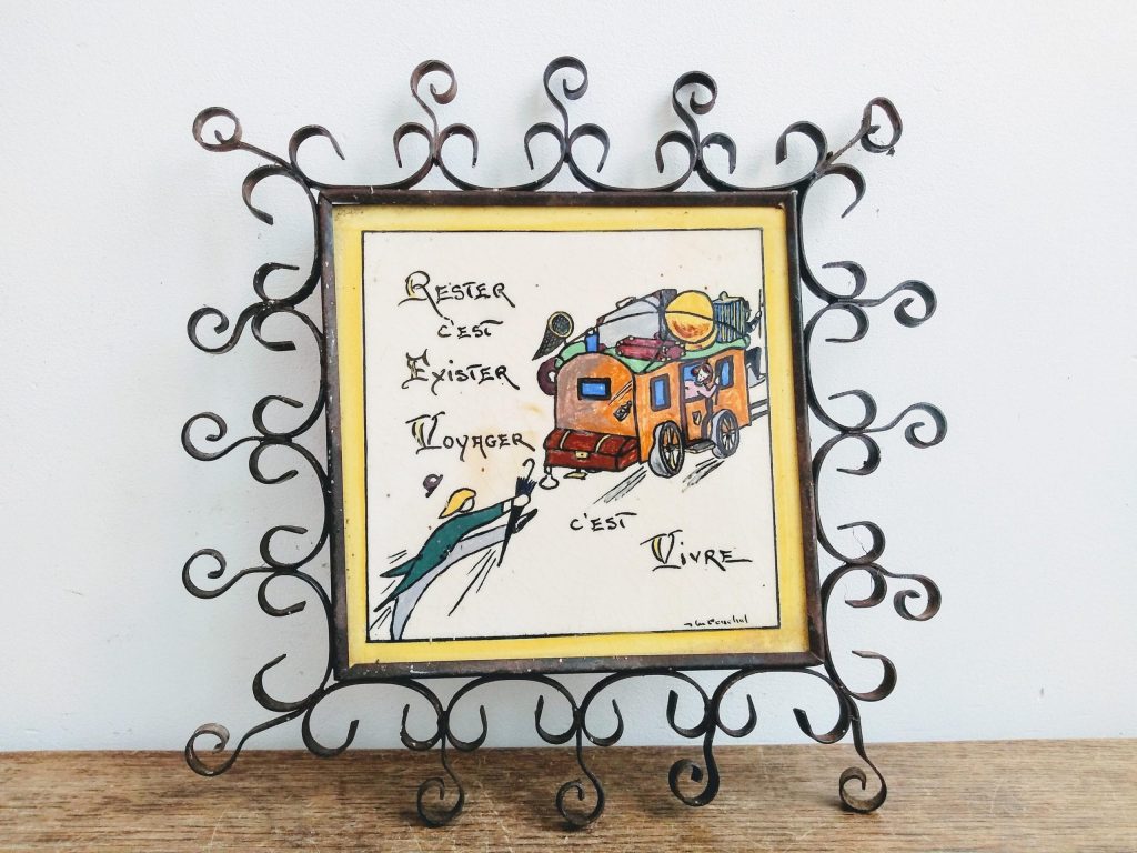 Vintage French Rousies Old Painted Framed Tile Stage Coach Wall Art Hanging Feature Decoration Decor c1930-50’s