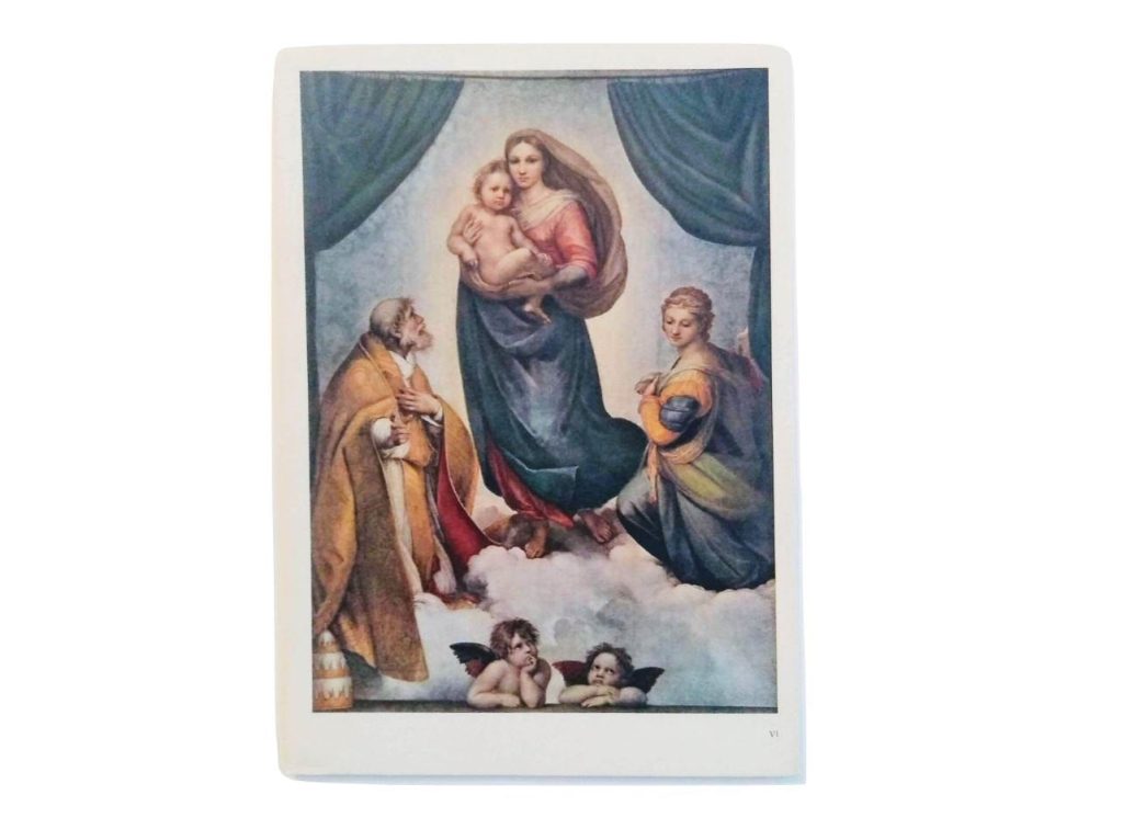 Vintage Italian Grand Master Raphael Print Reproduction Vierge Sixtine Dresde Galerie d’Etat Gemalde c1951 3