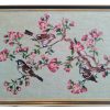 Vintage French Framed Cross Stitch Tapestry Wall Hanging Picture Sparrows Cherry Blossom Gift Present Art Craft c1970-80's