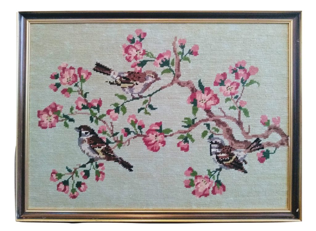 Vintage French Framed Cross Stitch Tapestry Wall Hanging Picture Sparrows Cherry Blossom Gift Present Art Craft c1970-80’s