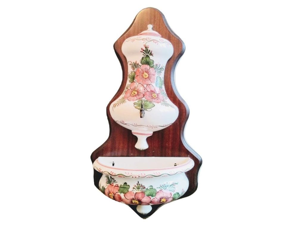 Vintage French Large Wooden Plaque Ceramic Flowers Small Sink Lavabo Hand Basin Font Water Holder wall hanging panel c1970’s