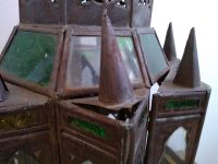 Alternative view of Vintage Moroccon Large Coloured Glass Heavily Used Worn Damaged Rusty Hanging Candle Lamp Ornament Decor Design c1960-70's