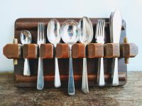 Alternative view of Vintage English Waring EPNS Silver Plated 39 Piece 6 Place Cutlery Fork Spoon Set On Staines Wall Hanger Tidy Box c1960-70's