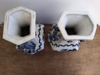 Alternative view of Antique Japanese Blue White Large Handled Vases Pair Lady In Garden With Children Pot Jar Vase Storage circa 1890-1910's