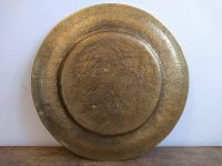 Alternative view of Vintage English Heavy Shiny Brass Handmade Metal Circular Plate Dish Bowl Platter Decorative Table Signed circa 1980-90's