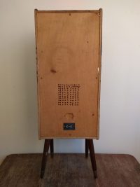 Vintage French Large Wood Wooden Brown Natural Wood Speaker Cabinet Mid Century Modern Satellite Legs Speakers Audio c1950’s 2