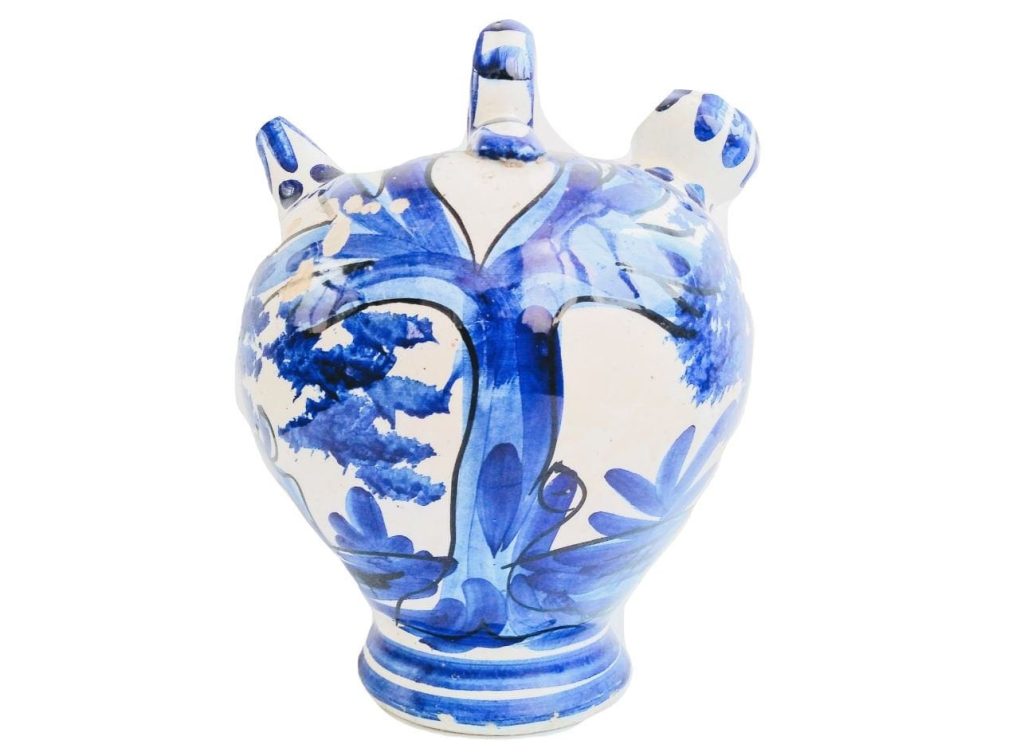 Vintage Portugese Spanish Ceramic Blue And White Oil Wine Flask Decanter Ornament Fox Wolf Dog Decor Design c1950-60’s 2
