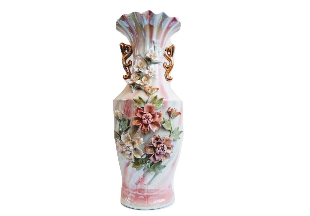 Vintage Chinese Large Pink White 3D Flower Vase Ceramic Decorated Pot Vase Decor Centrepiece Display Asian c1970-80’s 2
