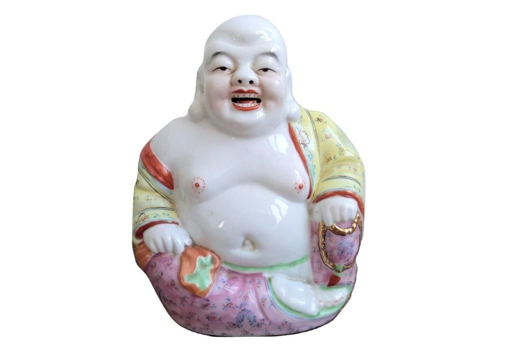 Vintage Chinese Jing De Zhen Famille Rose Laughing Buddha With Sack And Beads Pink White Porcelain Ornament Asian c1950-60’s 3