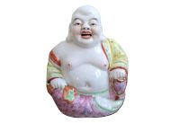 Vintage Chinese Jing De Zhen Famille Rose Laughing Buddha With Sack And Beads Pink White Porcelain Ornament Asian c1950-60's