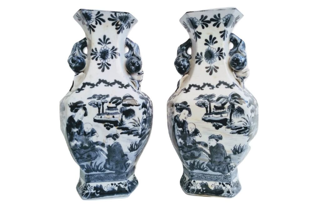 Antique Japanese Blue White Large Handled Vases Pair Lady In Garden With Children Pot Jar Vase Storage circa 1890-1910’s