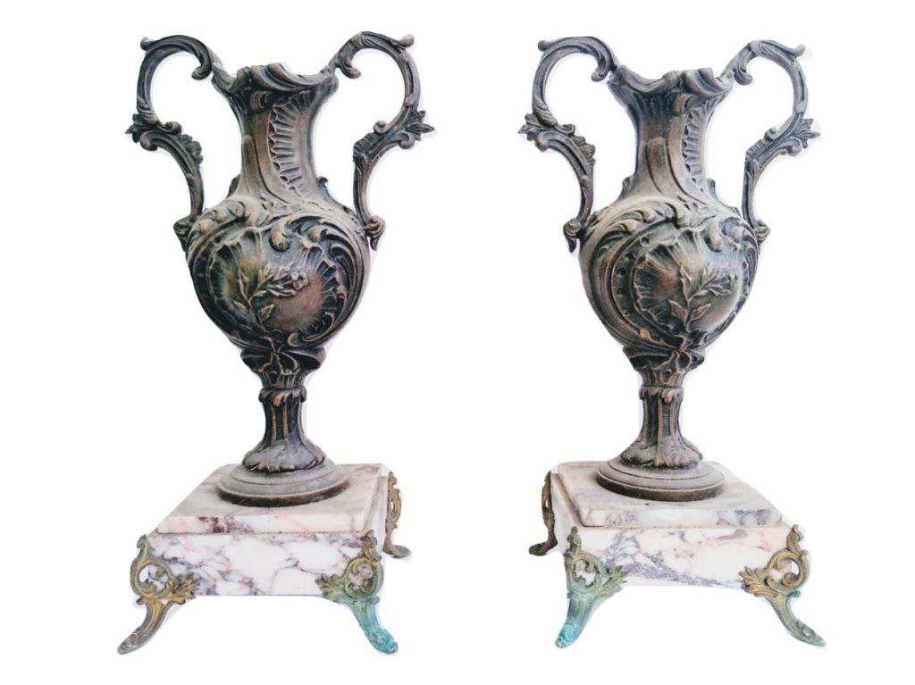 Antique French Bronze Metal Marble Stone Plinth Display Stand Handled Trophy Vase Ornate Display Pot Jar Mantlepiece c1910’s 2
