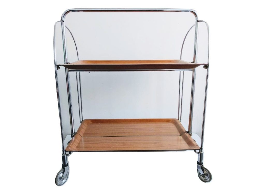 Vintage German Silver Metal Steel Folding Bar Cart Tea Trolley Table Shelf Shelving Stand Display Prop circa 1960-70’s