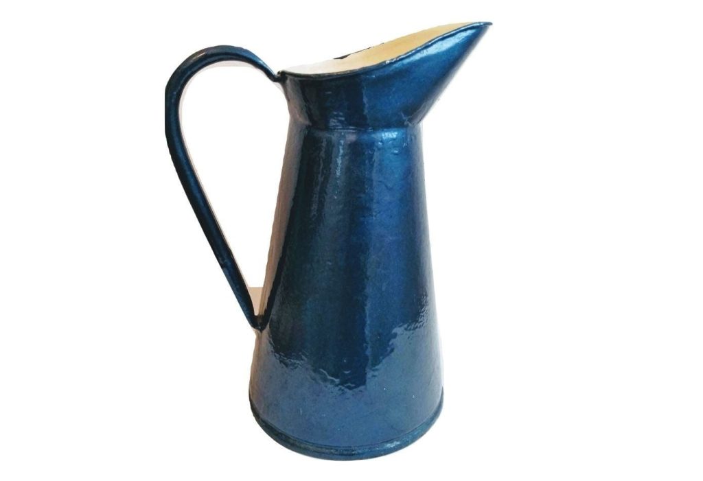 Vintage French Painted Shiny Blue Enamel Water Jug Caraffe Decanter Pitcher Display Refurbished Watering Can circa 1950’s