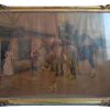 Antique English Large Framed Print Of A Pub Scene In an Ornately Shaped Gold Painted Plaster Frame Wall Decor c1910-20's