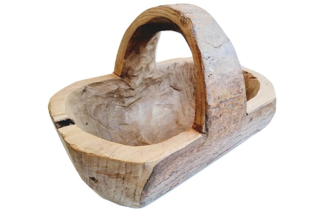 Vintage French Roughly Hewn Carved Wood Wooden Serving Fruit Bowl Harvest Garden Basket Dish Table Centrepiece Decor c1990's