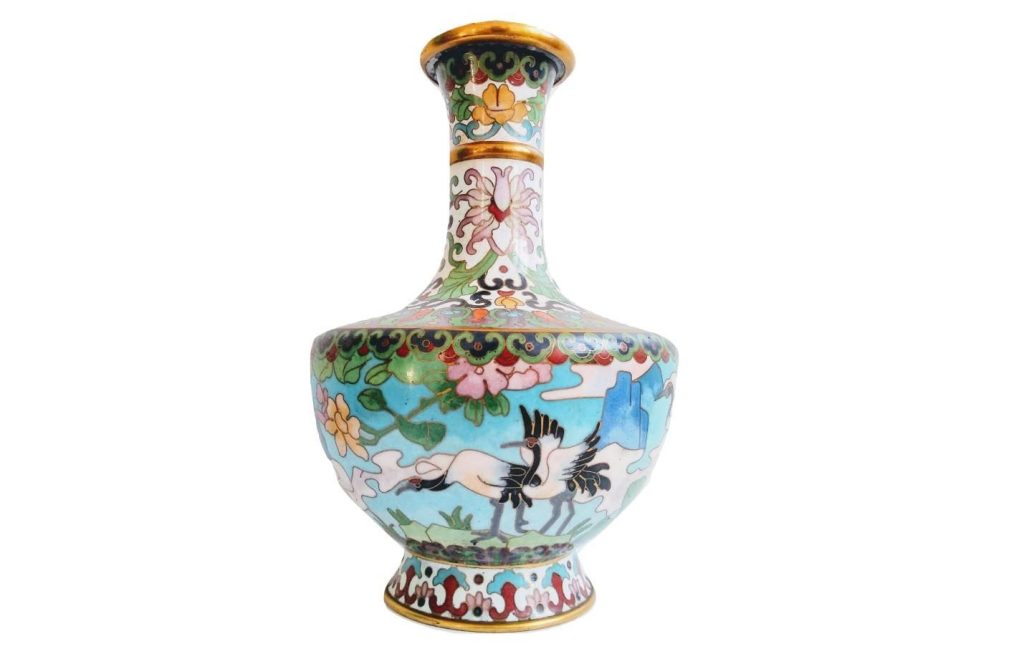 Antique Chinese Blue Cloisenee Cloisonne Vase Storks brass rimmed enamelled plant pot urn display decorative damaged c1960’s 2