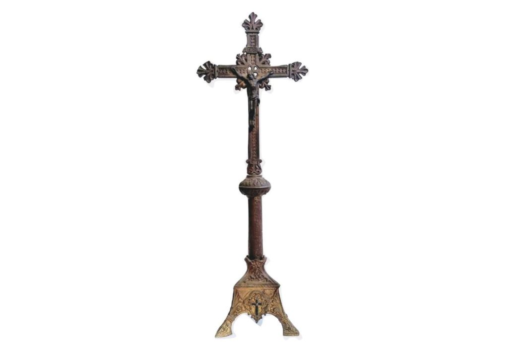 Antique French Large Brass Bronze Crucifix With Heavy Patina Catholic Church Chapel Cross Religious Symbol circa 1910’s