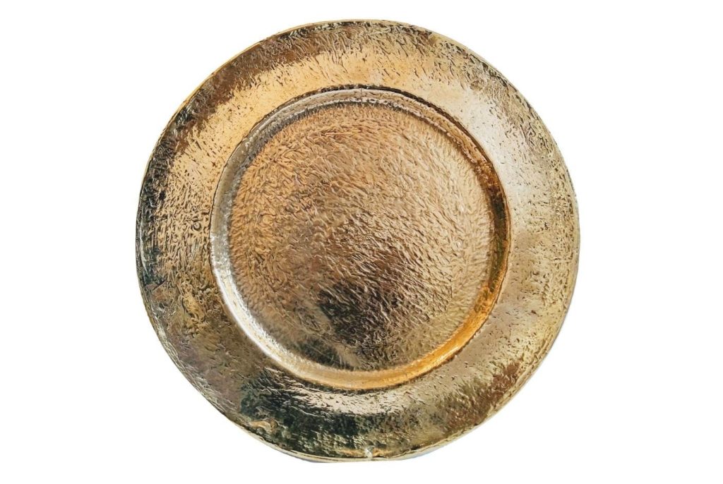 Vintage English Heavy Shiny Brass Handmade Metal Circular Plate Dish Bowl Platter Decorative Table Signed circa 1980-90’s