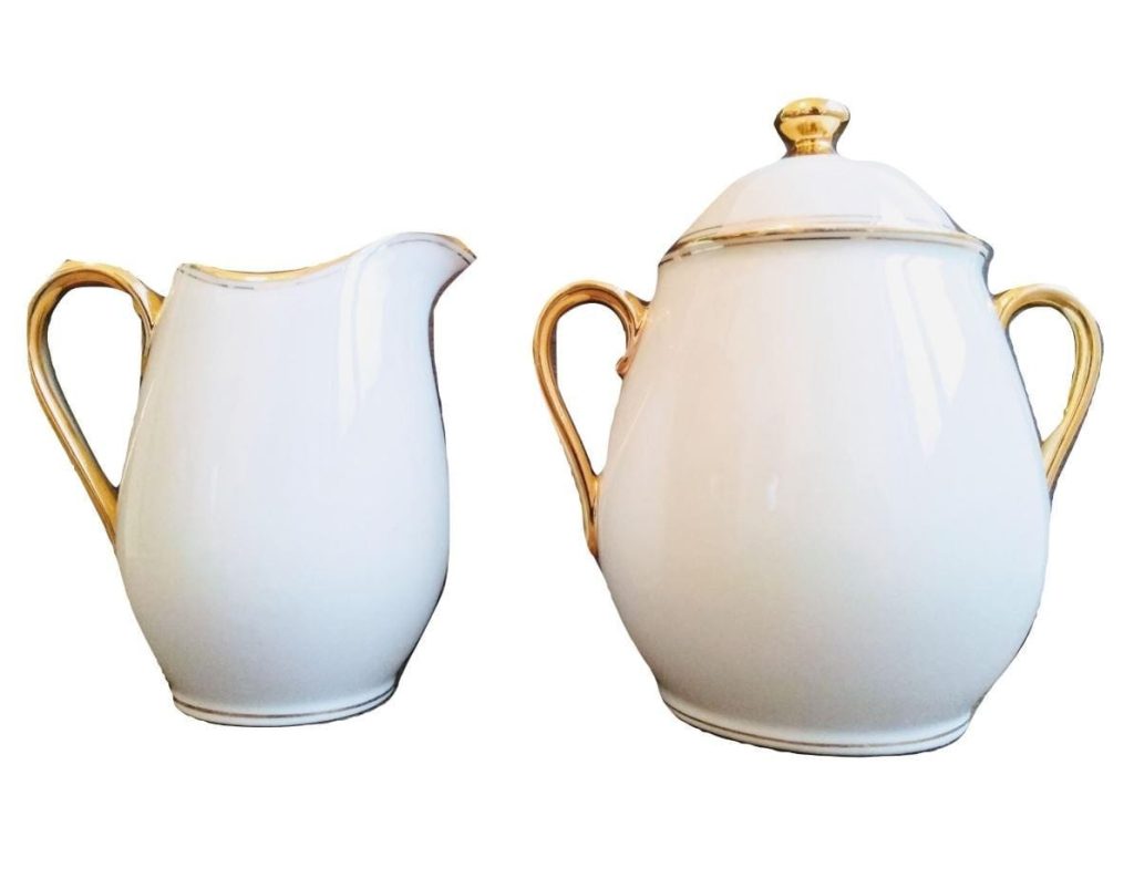 Vintage French Limoges Porcelain White Gold Sugar And Pot Creamer Set Pot Pourer Jug Container Decor Storage c1950-60’s
