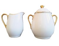 Vintage French Limoges Porcelain White Gold Sugar And Pot Creamer Set Pot Pourer Jug Container Decor Storage c1950-60's