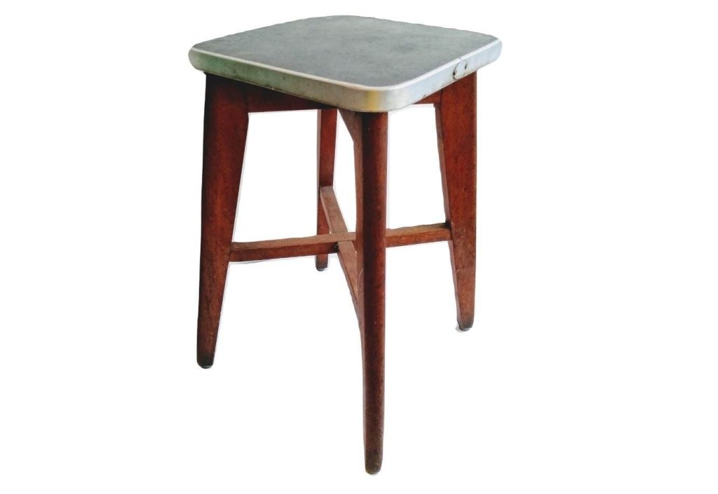 Vintage French Mid Century Modern Wooden Vinyl Medium Stool Chair Stand Display Rest Seating Prop circa 1960-1970's