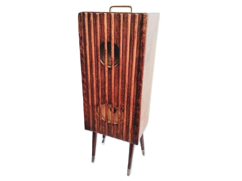 Vintage French Large Wood Wooden Brown Natural Wood Speaker Cabinet Mid Century Modern Satellite Legs Speakers Audio c1950’s