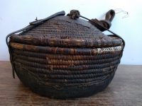 Alternative view of Vintage African Storage Preservation Serving Basket Grass Goat Leather Primitive Tribal Art Arts Prop Gift c1960-70's