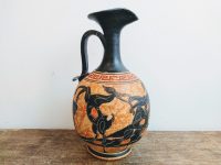 Alternative view of Vintage Greek Terracotta Black And Orange Oil Wine Water Flask Vase Decanter Ornament Deer Man Decor Design c1970-80's