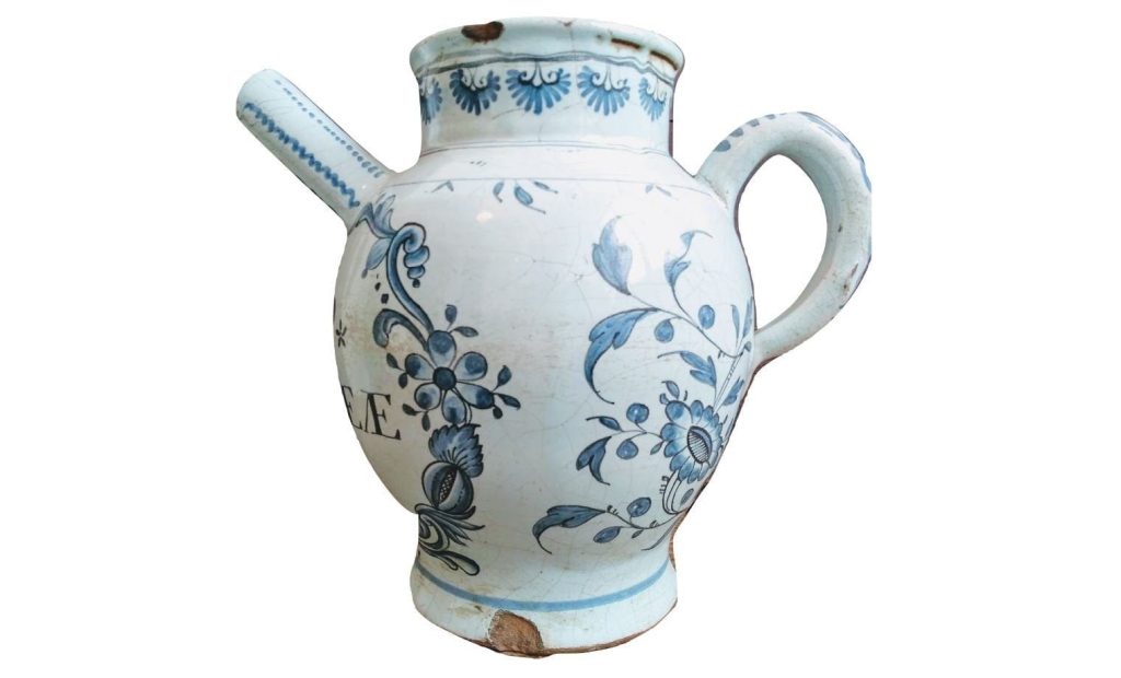 Antique French Faience Syrup Nymphee Blue White Pharmacy Medical Apothecary Ceramic Pot Vase Container Storage Prop c1750's