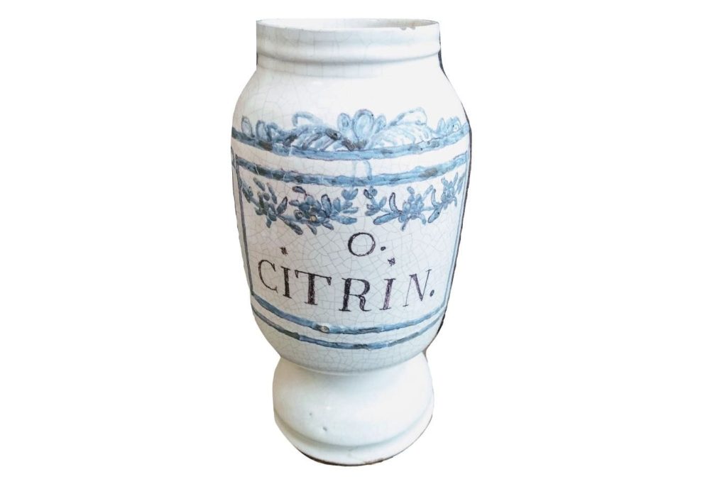 Antique French O. Citrin Blue White Faience Pottery Pharmacy Medical Apothecary Pot Vase Container Storage Prop c1850’s