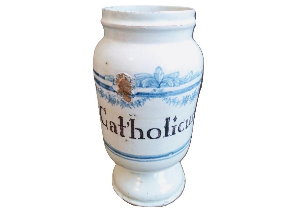 Antique French Catholicum Blue White Faience Pottery Pharmacy Medical Apothecary Pot Vase Container Storage Prop c1850’s