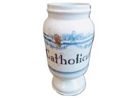 Antique French Catholicum Blue White Faience Pottery Pharmacy Medical Apothecary Pot Vase Container Storage Prop c1850's