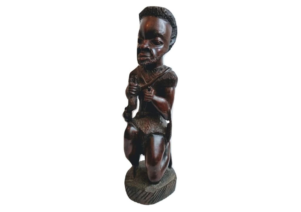 Vintage African Man Hunter Dressing Statue Figurine Male Primitive Carving Sculpture Wooden Primitive Tribal Art c1950-60’s 3