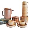 Vintage French Brenne Eartherware Brown Tea Pot Sugar With Eight Cups Teapot Coffee Chocolate Serving Set Prop c1970's