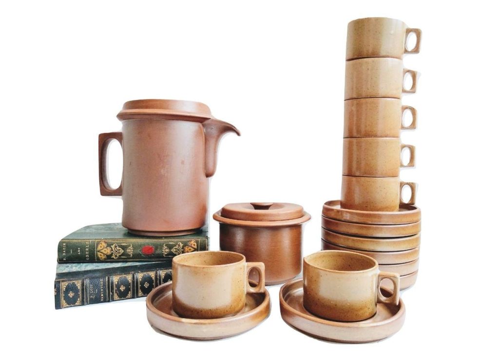 Vintage French Brenne Eartherware Brown Tea Pot Sugar With Eight Cups Teapot Coffee Chocolate Serving Set Prop c1970’s