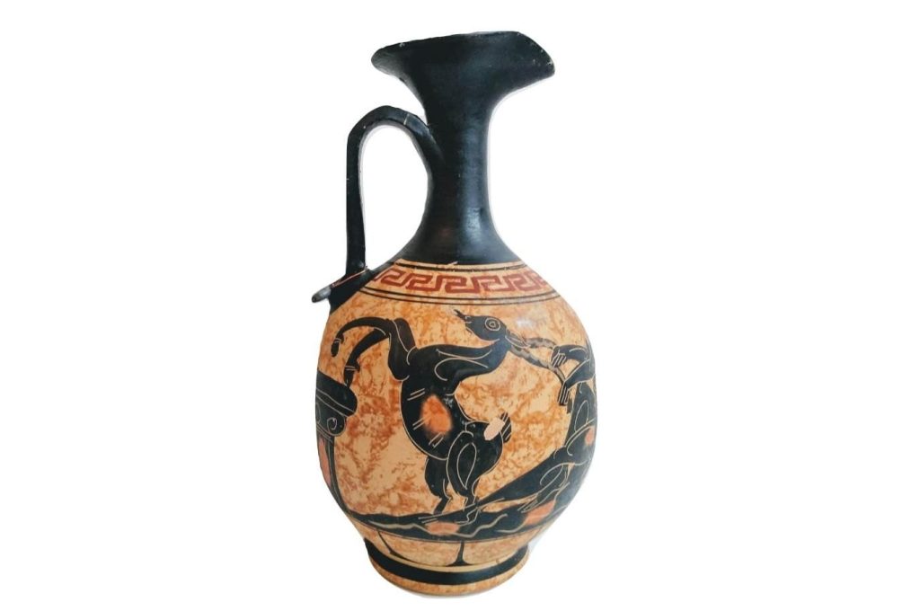 Vintage Greek Terracotta Black And Orange Oil Wine Water Flask Vase Decanter Ornament Deer Man Decor Design c1970-80’s 3