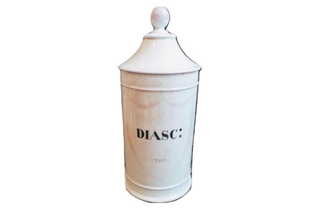 Antique French DIASC White Porcelain Ceramic Pharmacy Medical Apothecary Pot Vase Container Storage Prop c1850’s